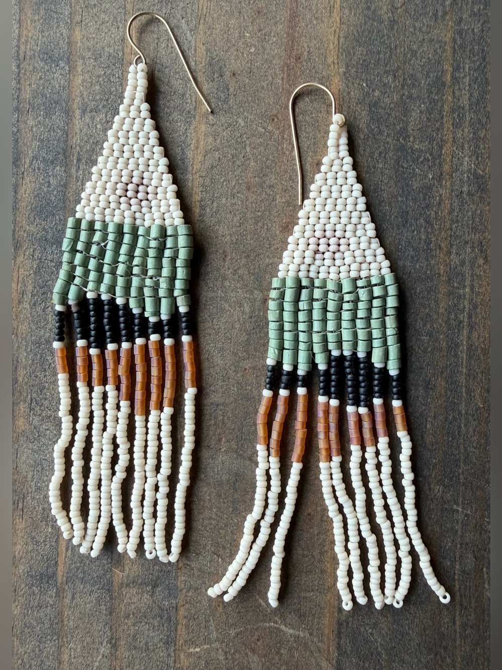 Handcrafted Seed Bead Fringe Earrings in Cream, Sage & Brown